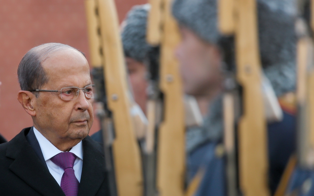 Lebanese President Michel Aoun attends a wreath-laying ceremony at the Tomb of the Unknown Soldier by the Kremlin wall in Moscow, Russia, in this  March 26, 2019 file photo. — Reuters