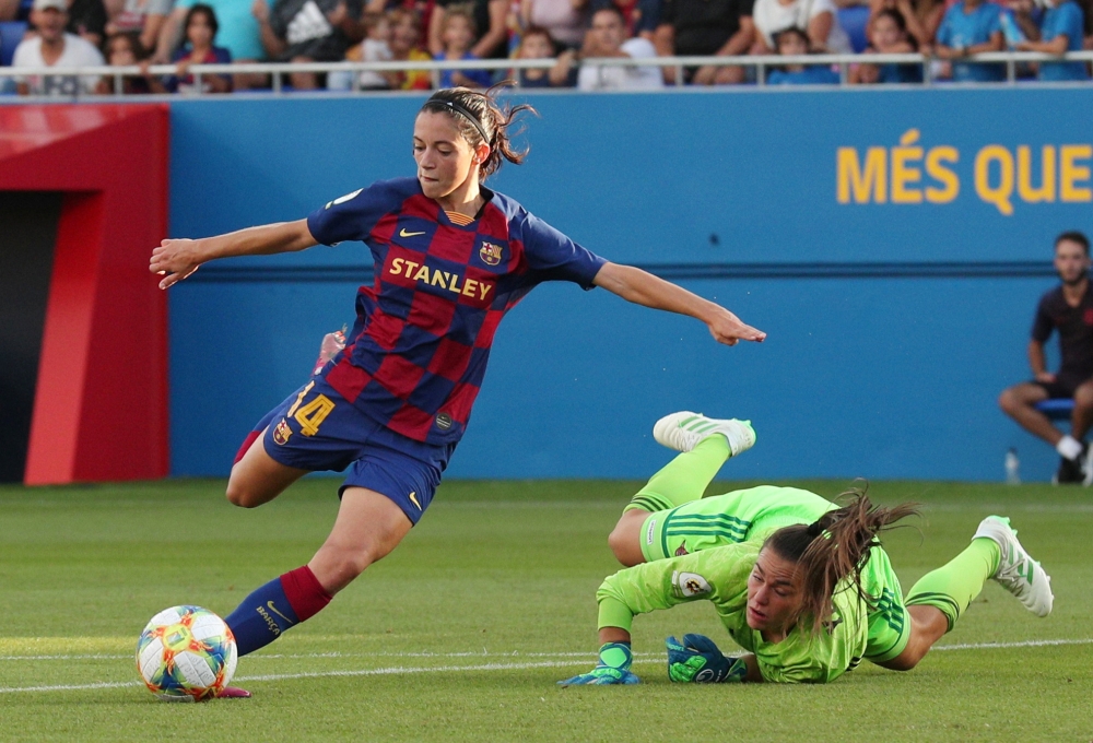 FC Barcelona's Aitana Bonmati scores their fifth goal   against CD Tacon in the Women's Primera Divisionat the Estadi Johan Cruyff, Barcelona, Spain, on Saturday. — Reuters