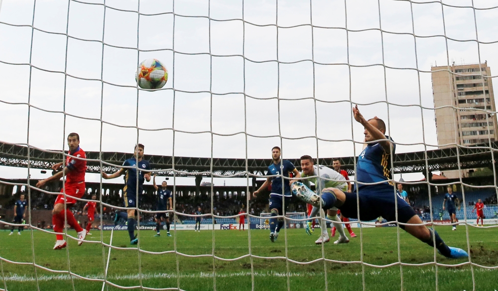 Armenia's Henrikh Mkhitaryan scores their first goal against Bosnia during Euro 2020 Qualifier game at Vazgen Sargsyan Republican Stadium, Yerevan, Armenia, on Sunday. — Reuters