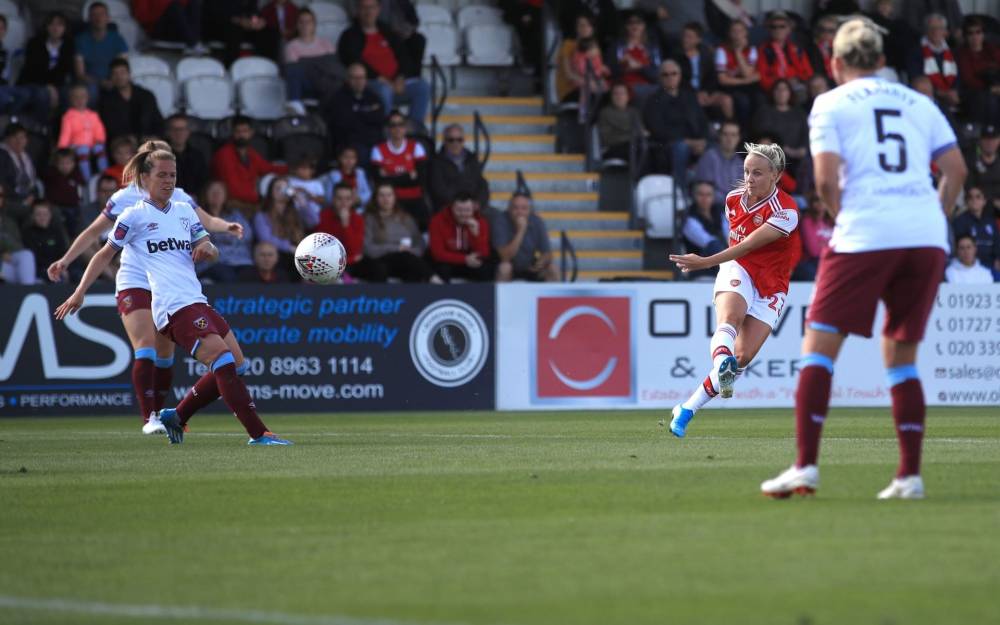 Beth Mead fires Arsenal in front against West Ham at Meadow Park. — Courtesy photo