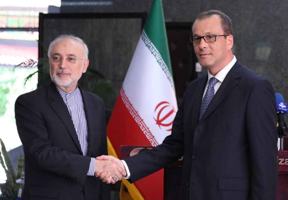 A handout picture released by the Atomic Energy Organization of Iran on Sunday, shows the head of the organization Ali Akbar Salehi (L) shaking hands with Acting Director General of the International Atomic Energy Agency (IAEA) Cornel Feruta during their meeting in Tehran. — AFP