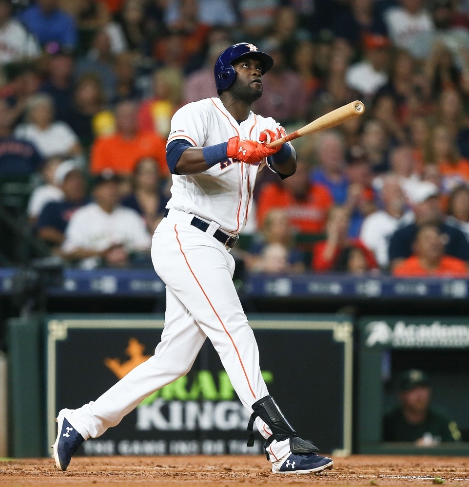 Yordan Alvarez of the Houston Astros hits a home run in the second inning against the Oakland Athletics at Minute Maid Park in Houston, Texas, on Monday. — AFP