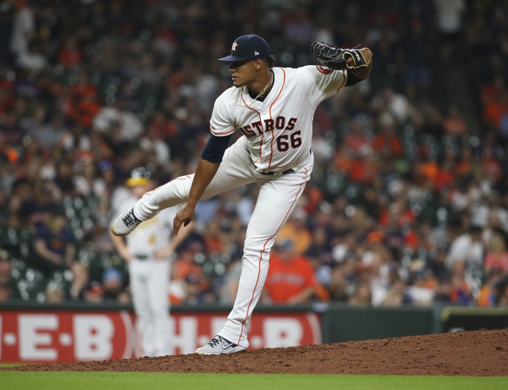 Yordan Alvarez of the Houston Astros hits a home run in the second inning against the Oakland Athletics at Minute Maid Park in Houston, Texas, on Monday. — AFP