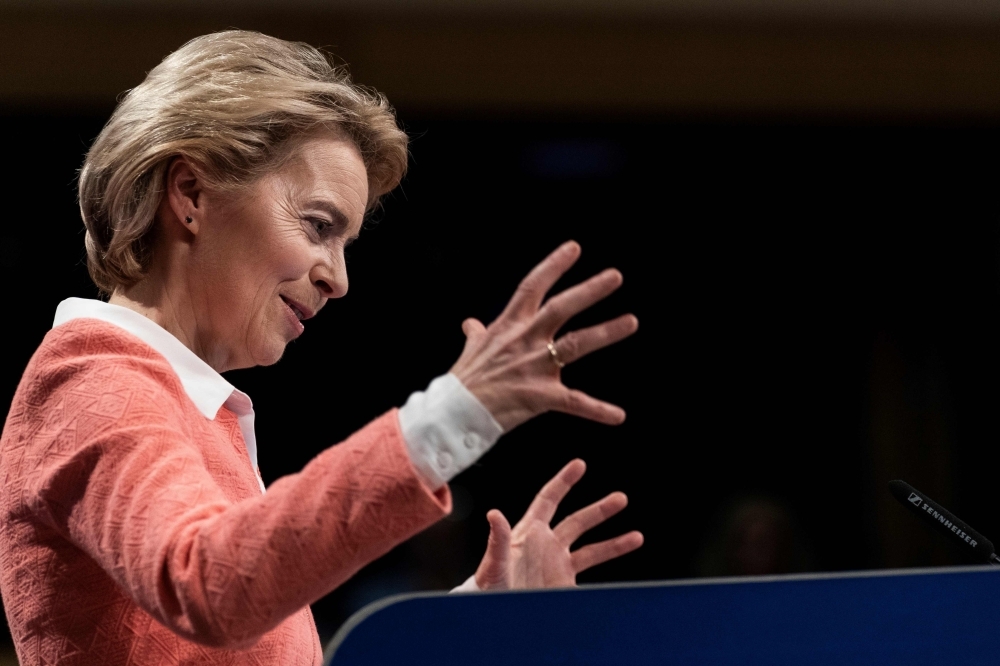 European Commission President German Ursula von der Leyen gestures as she gives a press conference to announce the names of the new European commissioners at the European Commission in Brussels on Tuesday. — AFP