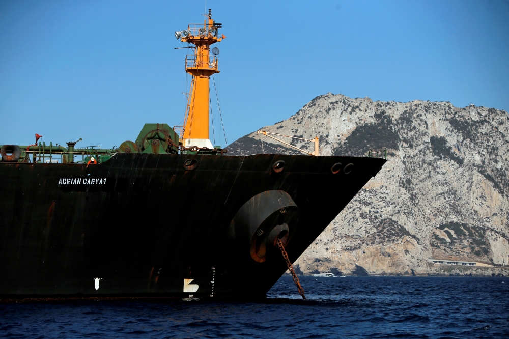 Iranian oil tanker Adrian Darya 1, previously named Grace 1, sits anchored after the Supreme Court of the British territory lifted its detention order, in the Strait of Gibraltar, Spain, in this Aug. 18, 2019 file photo. — Reuters