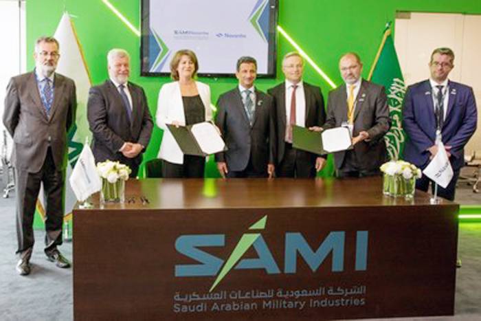 (L to R): Vicente Santamaria, director of systems at Navantia; Gonzalo Mateo, COO of Navantia; Susana de Sarriá, chairwoman of Navantia S.A.; Ahmed Al-Khateeb, chairman of SAMI; Dr. Andreas Schwer, CEO of SAMI; Antonio Rodriguez-Barberan, CEO of SAMI-Navantia; and Ahmed Al-Ghuneim, CFO of Sami-Navantia. — Courtesy photo