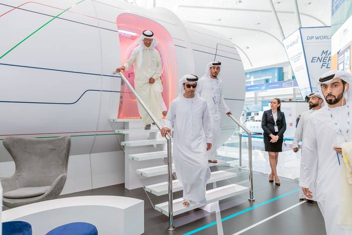 Shaikh Hazza Bin Zayed, deputy chairman of the Abu Dhabi Executive Council, Prince Abdulaziz Bin Salman, energy minister, at VHO passenger pod at WEC in Abu Dhabi. — Courtesy photo