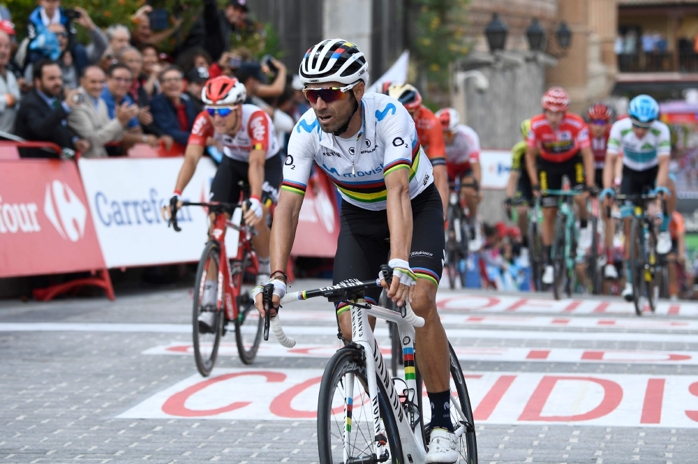 Team Movistar rider Spain's Alejandro Valverde crosses the finish line of the 19th stage of the 2019 La Vuelta cycling Tour of Spain, a 165,2 km race from Avila to Toledo on Friday. — AFP