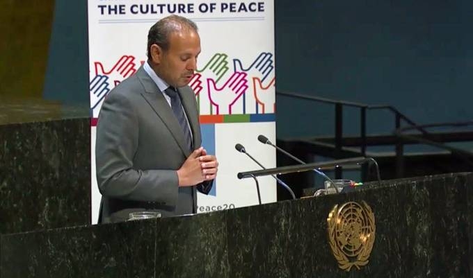 Deputy Permanent Representative of the Kingdom of Saudi Arabia to the United Nations Dr. Khalid Muhammad Manzalawi making a speech at a high-level forum on the culture of peace being held at the United Nations in New York. — SPA
