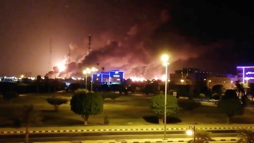 Smoke is seen following a fire at an Aramco factory in Abqaiq, Saudi Arabia, Saturday in this picture obtained from social media.  — Reuters