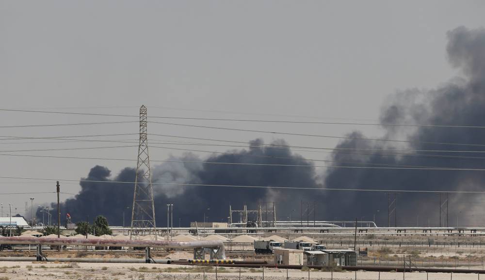 Smoke is seen following a fire at Aramco facility in the eastern city of Abqaiq, Saudi Arabia, on Saturday. — Reuters