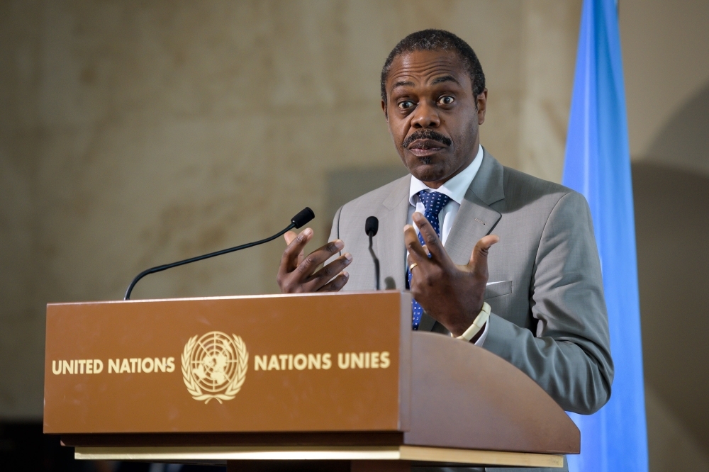 This file photo taken on July 15, 2019 shows then Congo's Health Minister Oly Ilunga gesturing as he speaks during a press conference following a meeting hold by the United Nations on the Ebola disease in Democratic Republic of Congo in Geneva. -AFP