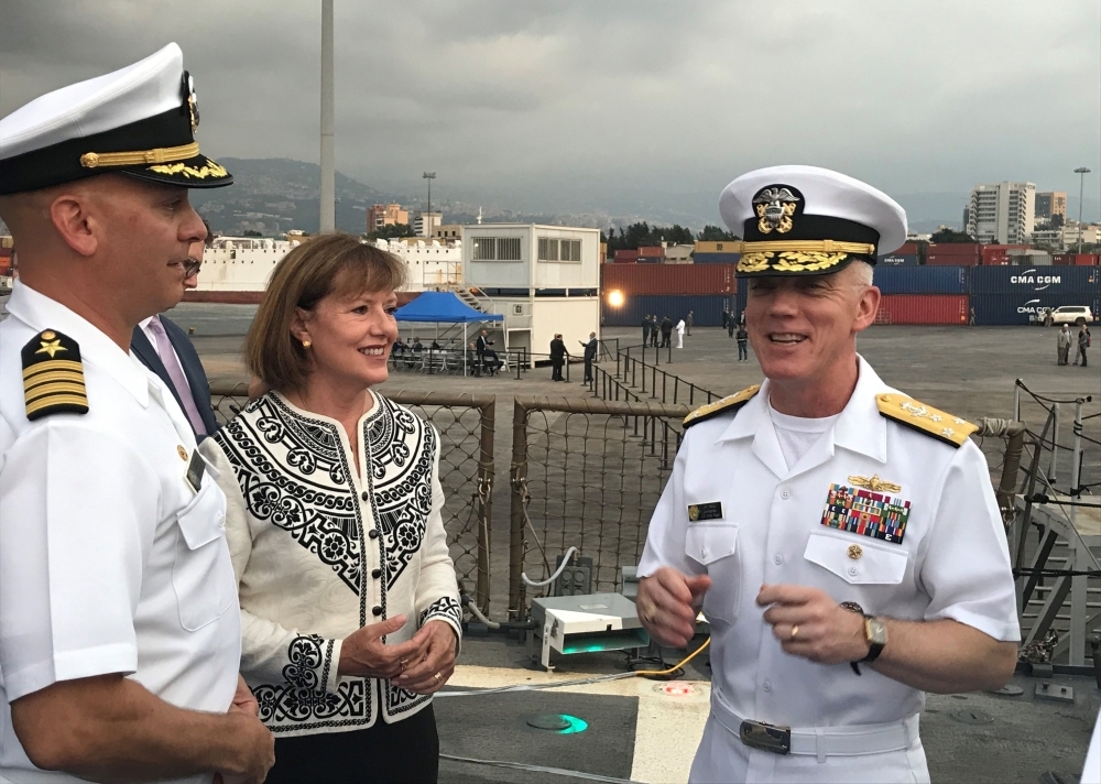 A handout picture provided by the US embassy in Lebanon shows US Ambassador Elizabeth Richard and US Navy Vice Admiral James Malloy during a reception they hosted aboard the United States Navy’s USS Ramage (DDG-61), an Arleigh Burke-class destroyer, which entered the port of Beirut for a one-day visit on Sunday. -AFP 