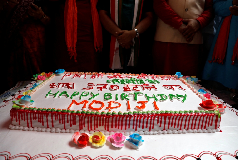 A cake is seen during an event to mark Indian Prime Minister Narendra Modi's birthday at a school, in New Delhi, India, on Tuesday. — Reuters