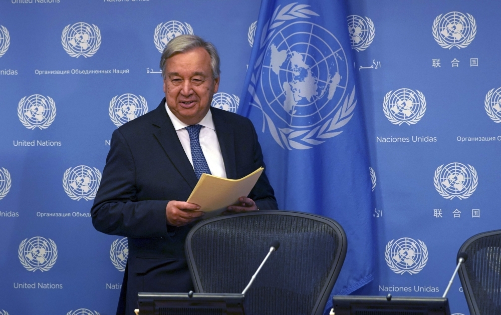 UN Secretary-General Antَnio Guterres arrives for a press briefing to mark the opening of the 74th session of the United Nations General Assembly at the UN in New York on Wednesday. United Nations experts are expected in Saudi Arabia to lead an international inquiry into the weekend attacks on oil installations in the Kingdom. — AFP