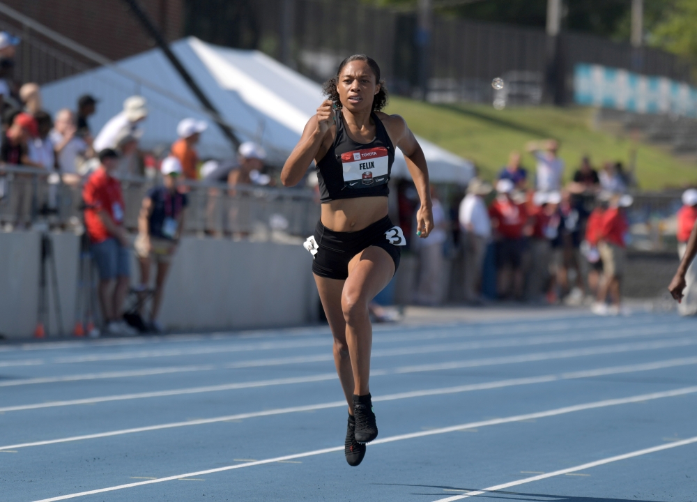 FILE PHOTO: Jul 27, 2019; Des Moines, IA, USA; 
Allyson Felix places sixth in the women's 400m at the USATF Championships at Drake Stadium in Des Moines, IA, in her first competition since giving birth to her daughter Camryn Ferguson on Nov. 28, 2018. Felix is among teh top stars entered to compete in the World Championships. — Reuters