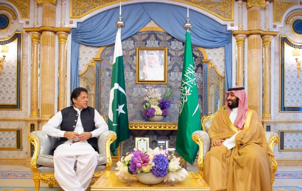 Crown Prince Muhammad Bin Salman meets with Pakistan's Prime Minister Imran Khan in Jeddah, Saudi Arabia, on Thursday. — Reuters