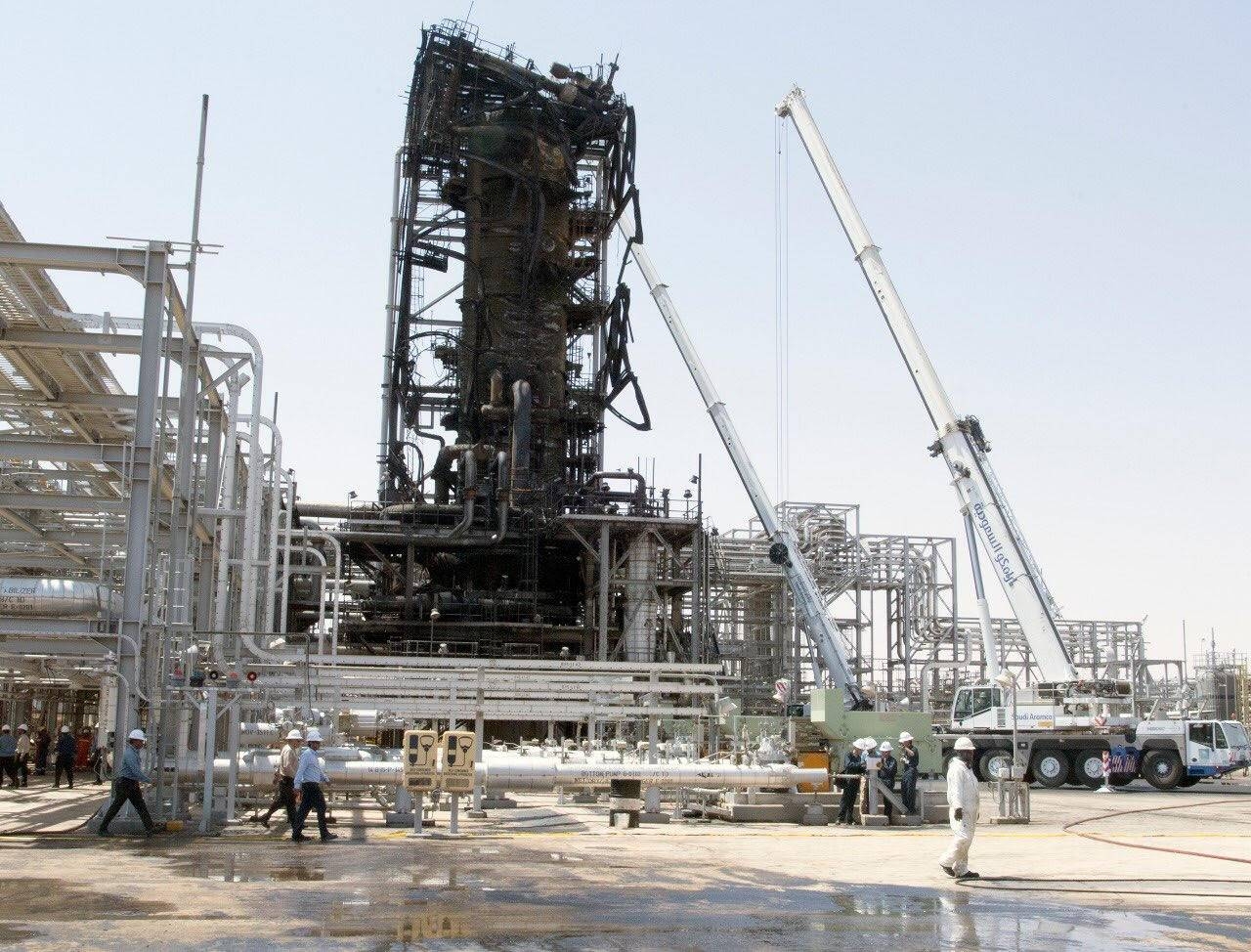 A oil stabilization tower, charred by the weekend attack, is seen in the Khurais oil field. — SPA
