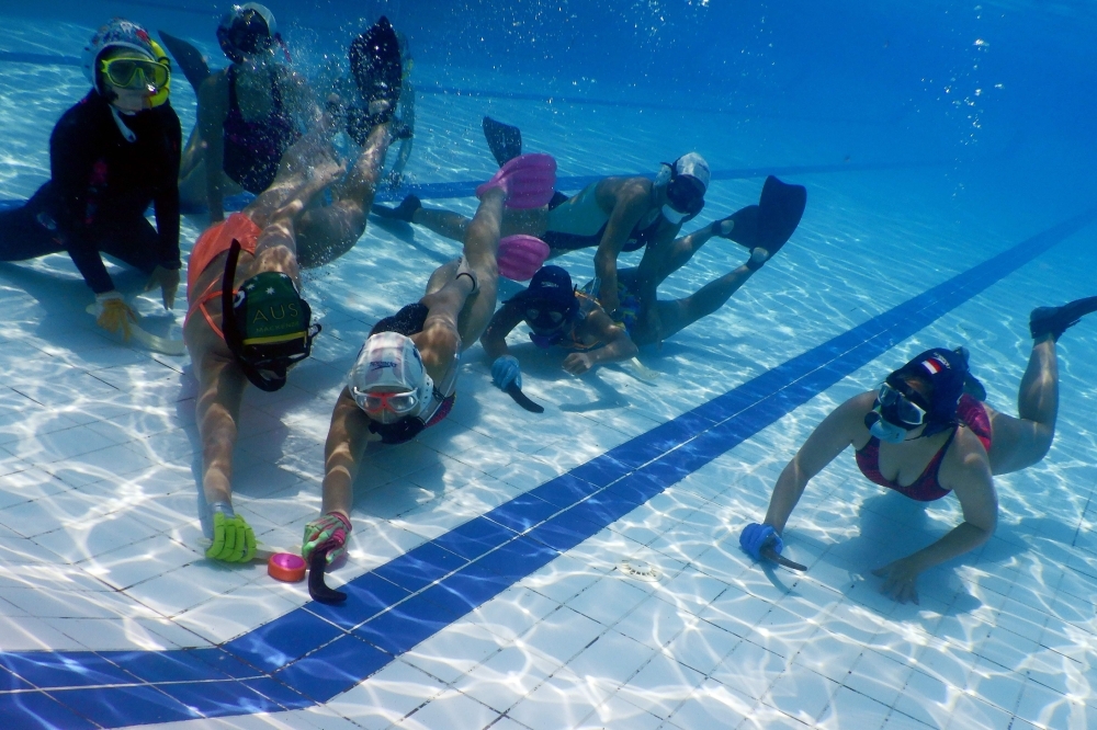 This picture shows members of Indonesia's women's underwater hockey team during a training session at the Senayan Aquatic Center in Jakarta ahead of the Southeast Asian (SEA) Games in the Philippines later this year. Invented in the 1950s in Britain — where it is known as 