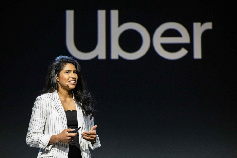 Uber Incubator — Head of Strategy Karishma Shah addresses the audience during an Uber products launch event in San Francisco, California, on Thursday. Uber unveiled a new version of its smartphone app that weaves together services from shared rides to public transit schedules while adding more security features. — AFP