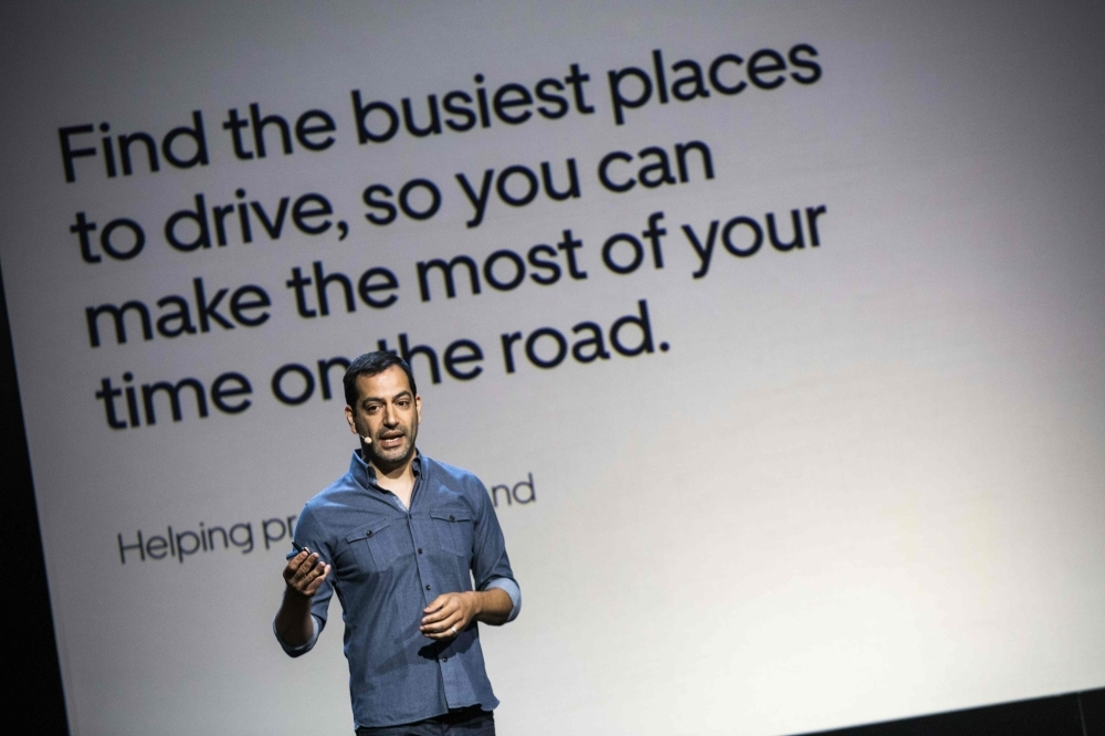 Uber Incubator — Head of Strategy Karishma Shah addresses the audience during an Uber products launch event in San Francisco, California, on Thursday. Uber unveiled a new version of its smartphone app that weaves together services from shared rides to public transit schedules while adding more security features. — AFP