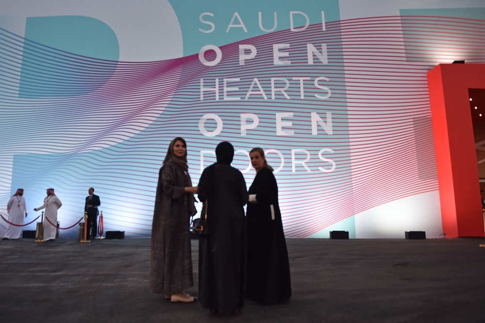 Participants attend the launch of the new tourism visa at Ad Diriyah, aUNESCO-listed heritage site, outside Riyadh, on Friday. — AFP