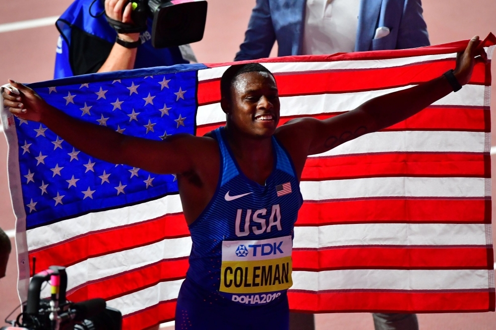 USA's Christian Coleman reacts after winning the Men's 100m final at the 2019 IAAF World Athletics Championships at the Khalifa International stadium in Doha on Saturday. — AFP