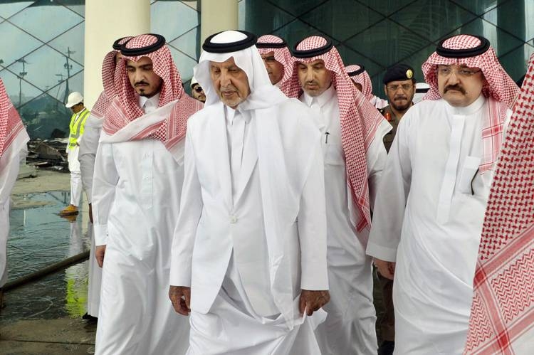 Emir of Makkah Khaled Al-Faisal, accompanied by Deputy Emir of Makkah Prince Badr Bin Sultan and Jeddah Governor Prince Mishal Bin Majed, inspecting the effects of fire at the Haramain High Speed Rail station in Sulaymaniyah district in Jeddah on Monday.