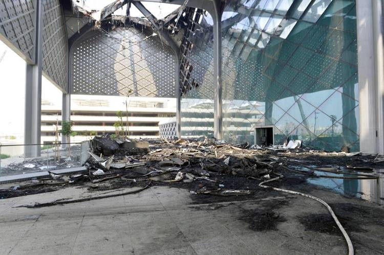 Emir of Makkah Khaled Al-Faisal, accompanied by Deputy Emir of Makkah Prince Badr Bin Sultan and Jeddah Governor Prince Mishal Bin Majed, inspecting the effects of fire at the Haramain High Speed Rail station in Sulaymaniyah district in Jeddah on Monday.