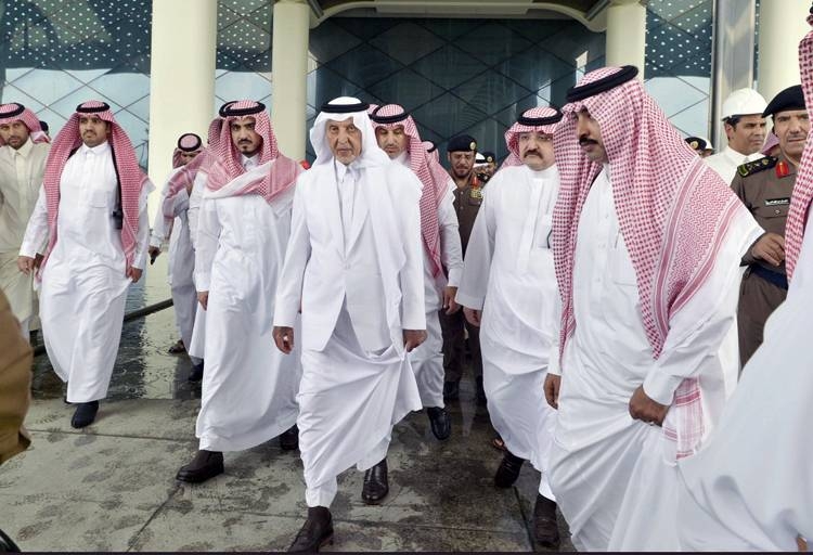 Emir of Makkah Khaled Al-Faisal, accompanied by Deputy Emir of Makkah Prince Badr Bin Sultan and Jeddah Governor Prince Mishal Bin Majed, inspecting the effects of fire at the Haramain High Speed Rail station in Sulaymaniyah district in Jeddah on Monday.