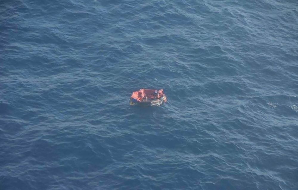 This screengrab taken on Sept. 30, 2019,  from an image on the official Twitter account of France's Marine Nationale, shows an aerial view of an inflatable rescue dinghy from the vessel 'Bourbon Rhode' at an undisclosed location at sea on Sept. 28, 2019. — AFP