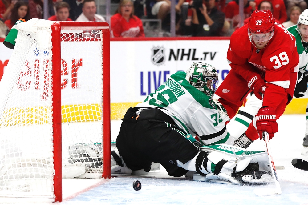 Detroit Red Wings right wing Anthony Mantha (39) scores a goal on Dallas Stars goaltender Anton Khudobin (35) in the second period at Little Caesars Arena in Detroit, MI, USA, on Sunday. — Reuters