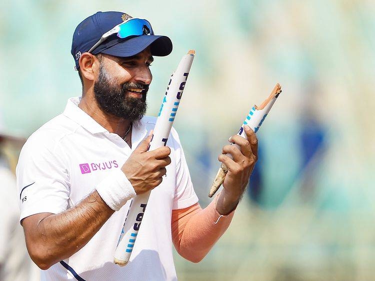 India's Mohammed Shami holds a stump broken by him after winning over South Africa during the first cricket test match at Dr YS Rajasekhara Reddy ACA-VDCA Cricket Stadium, in Visakhapatnam, on Sunday. — Courtesy photo