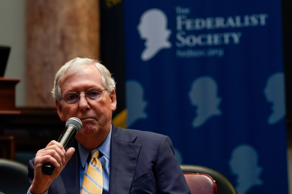 Senate Majority Leader Mitch McConnell speaks to a gathering of the Federalist Society at the State Capitol in Frankfort, Kentucky, on Monday. — Reuters