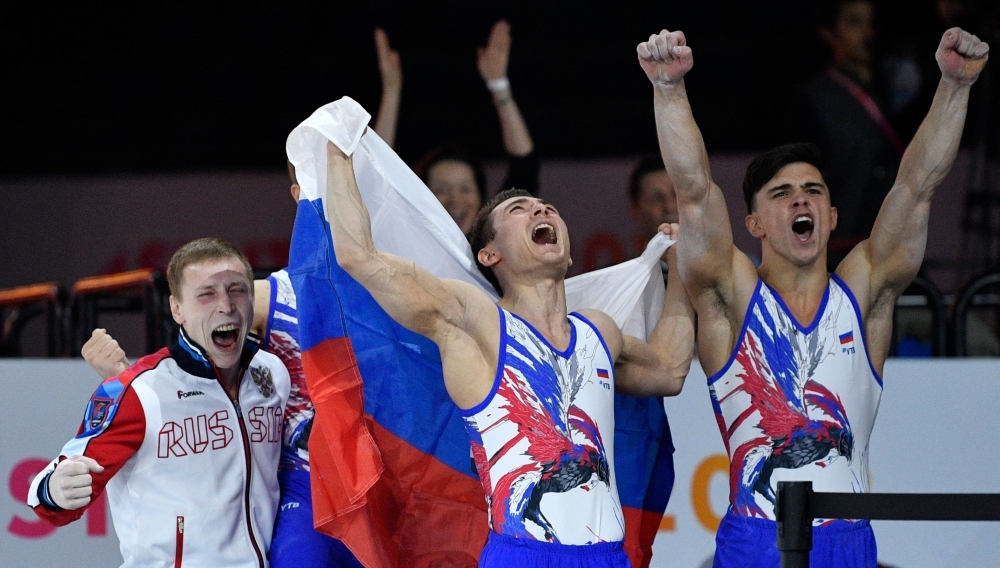 Members of Russia's team react during the men's team final at the FIG Artistic Gymnastics World Championships at the Hanns-Martin-Schleyer-Halle in Stuttgart, southern Germany, onWednesday. — AFP