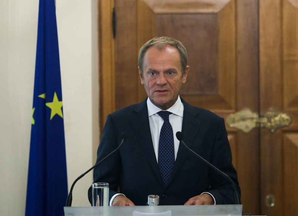 European Council, President Donald Tusk attends a news conference at the Presidential Palace in Nicosia, Cyprus on Friday. — Reuters 