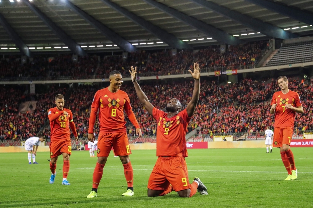 Belgium's Romelu Lukaku celebrates after scoring a goal during the Euro 2020 qualifier group I football game between Belgium and San Marino on Thursday in Brussels.  — AFP