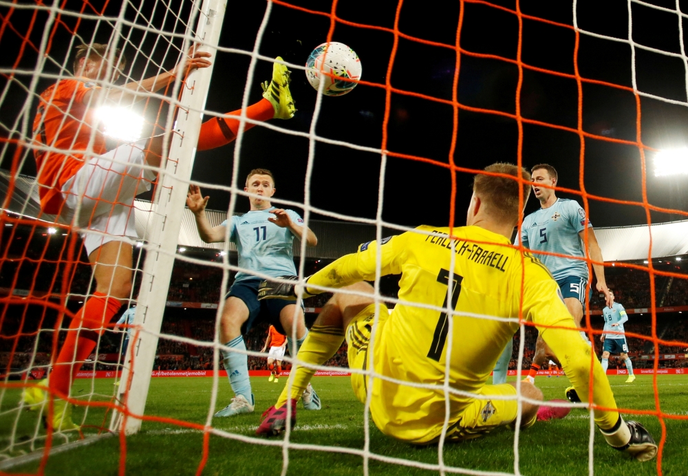 Netherlands' Luuk de Jong scores their second goal in the Euro 2020 Group C Qualifier against Northern Ireland at the Feyenoord Stadium, Rotterdam, Netherlands, on Thursday. —  Reuters