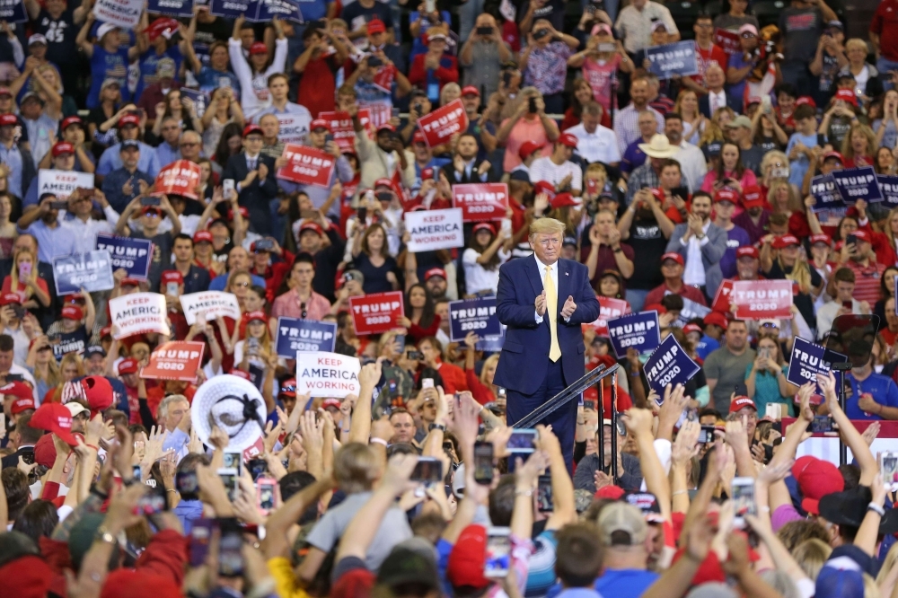 U.S. President Donald Trump speaks during a campaign rally at Sudduth Coliseum on Friday in Lake Charles, Louisiana. -AFP