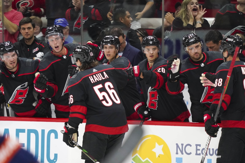 Carolina Hurricanes left wing Erik Haula (56) is congratulated after his second period goal against the New York Islanders at PNC Arena, Raleigh, NC, USA, on Friday. — Reuters