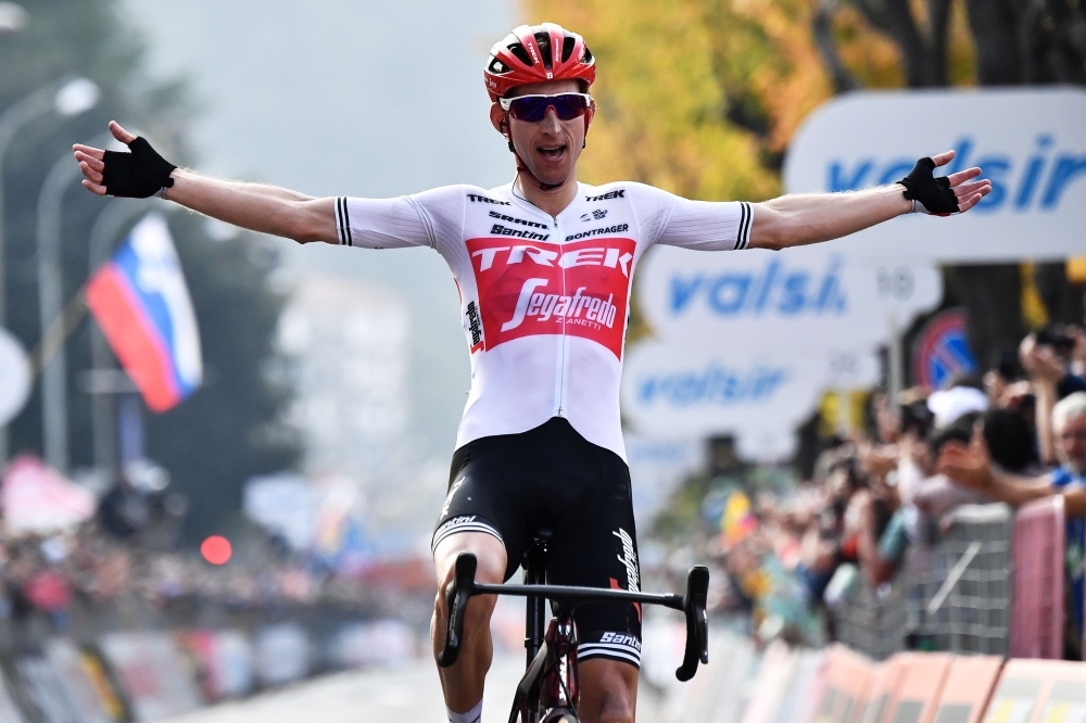 Netherlands' Bauke Mollema Trek Segafredo rider celebrates as he crosses the finish line to win the 113th edition of one-day Classic 