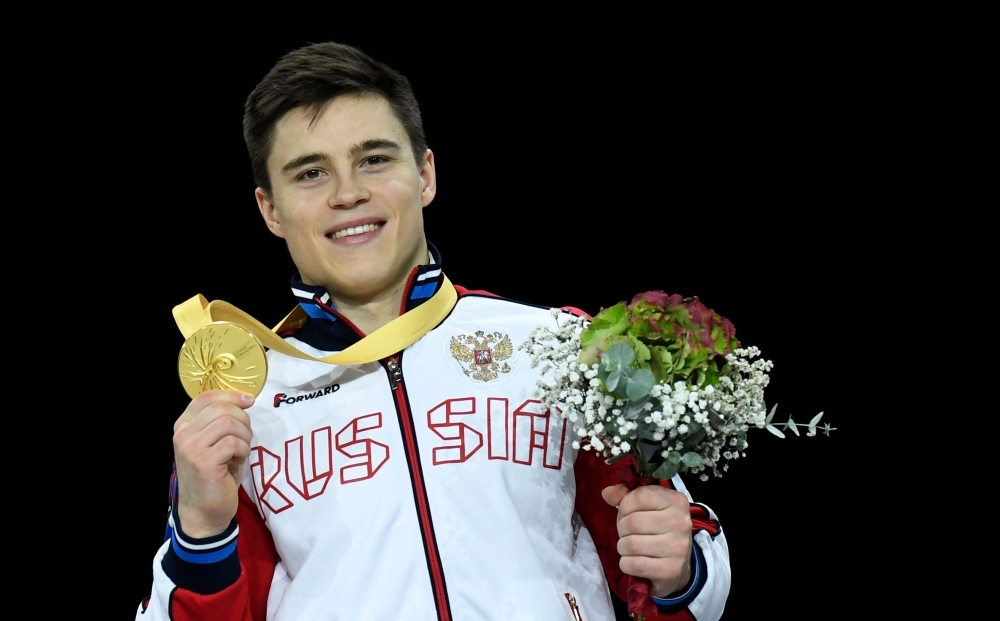 Russia's Nikita Nagornyy poses with his gold medal after winning the vault apparatus finals at the FIG Artistic Gymnastics World Championships at the Hanns-Martin-Schleyer-Halle in Stuttgart, southern Germany, on Sunday. — AFP