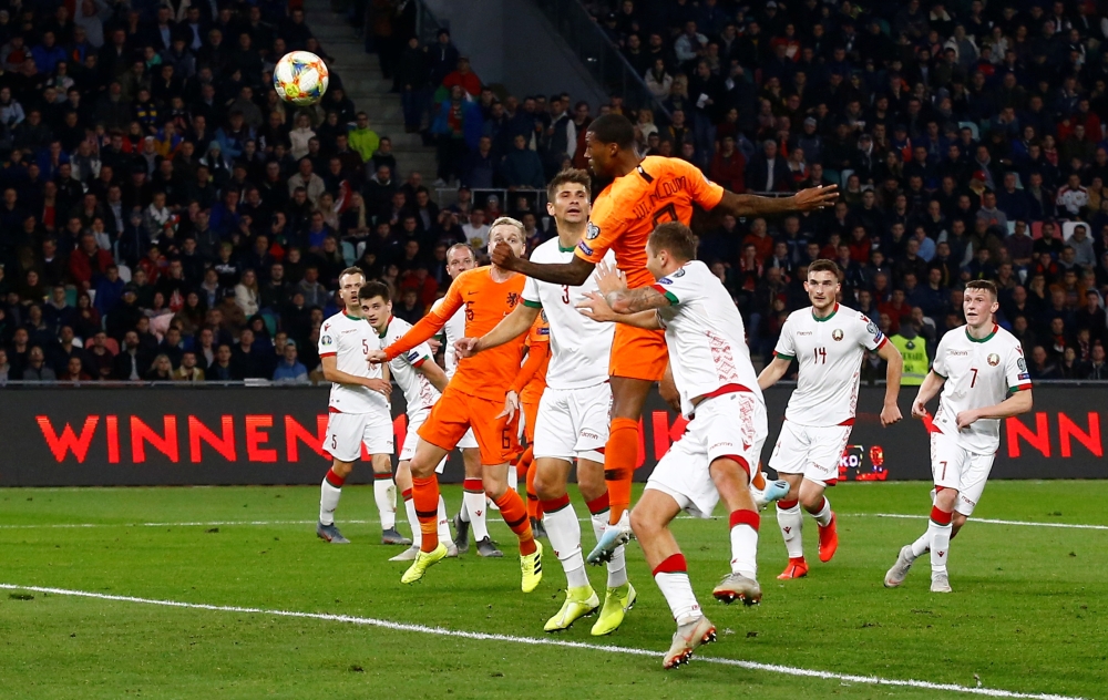 Netherlands' Georginio Wijnaldum scores their first goal against Belarus during the Euro 2020 Qualifier Group C match at Dinamo Stadion, Minsk, Belarus, on Sunday. — Reuters