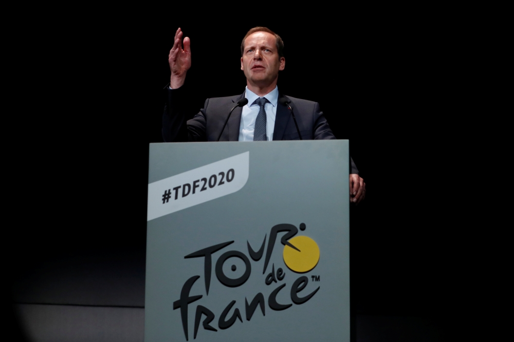 Tour de France director Christian Prudhomme speaks during a news conference to unveil the itinerary of the 2020 Tour de France cycling race in Paris, France, on Tuesday. The world's greatest cycling event, which will start from Nice on June 27 and will finish at the Champs Elysees in Paris on July 19. — Reuters