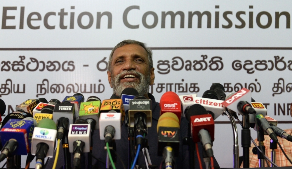Sri Lanka's independent Election Commission Chairman Mahinda Deshapriya takes part in a press conference in Colombo on Wednesday. — AFP