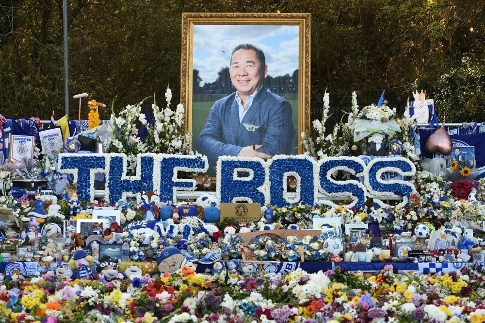 In this file photo taken on Nov. 10, 2018 Floral tributes left for Leicester City's late owner Vichai Srivaddhanaprabh, are pictured ahead of the club's English Premier League football match against Burnley, at the King Power Stadium in Leicester, central England. Vichai Srivaddhanaprabha the late owner of Premier League side Leicester City achieved a fairy tale title success but also had big ambitions in racing and on Oct. 19 a quartet of his horses will bid for glory in British racing's richest raceday Champions Day at his favored racetrack Ascot. — AFP