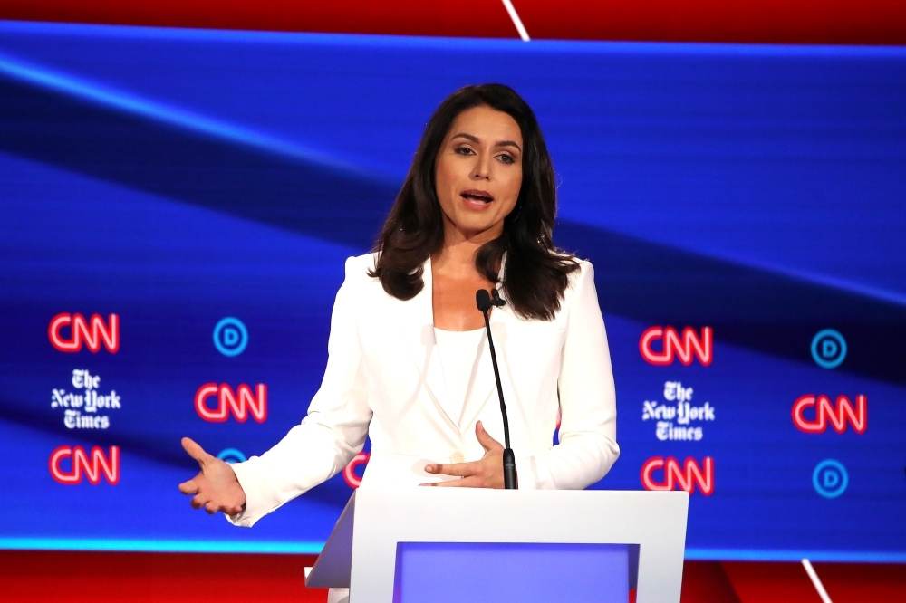 Rep. Tulsi Gabbard (D-HI) speaks during the Democratic Presidential Debate at Otterbein University in Westerville, Ohio, in this on Oct. 15, 2019 file photo. — AFP