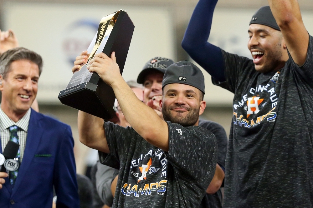 Jose Altuve of the Houston Astros is awarded series MVP following his teams 6-4 win against the New York Yankees in game six of the American League Championship Series at Minute Maid Park in Houston, Texas, on Saturday. —  AFP