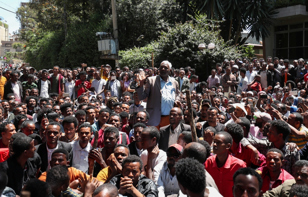 An Oromo elder chants slogans during a protest in-front of Jawar Mohammed’s house, an Oromo activist and leader of the Oromo protest in Addis Ababa, Ethiopia, on Thursday. — Reuters