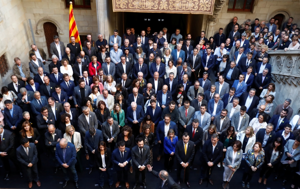 Catalan leader Quim Torra gestures as he meets with mayors of Catalonia region, at the Palau de la Generalitat in Barcelona, Spain October 26, 2019. REUTERS/Jon Nazca